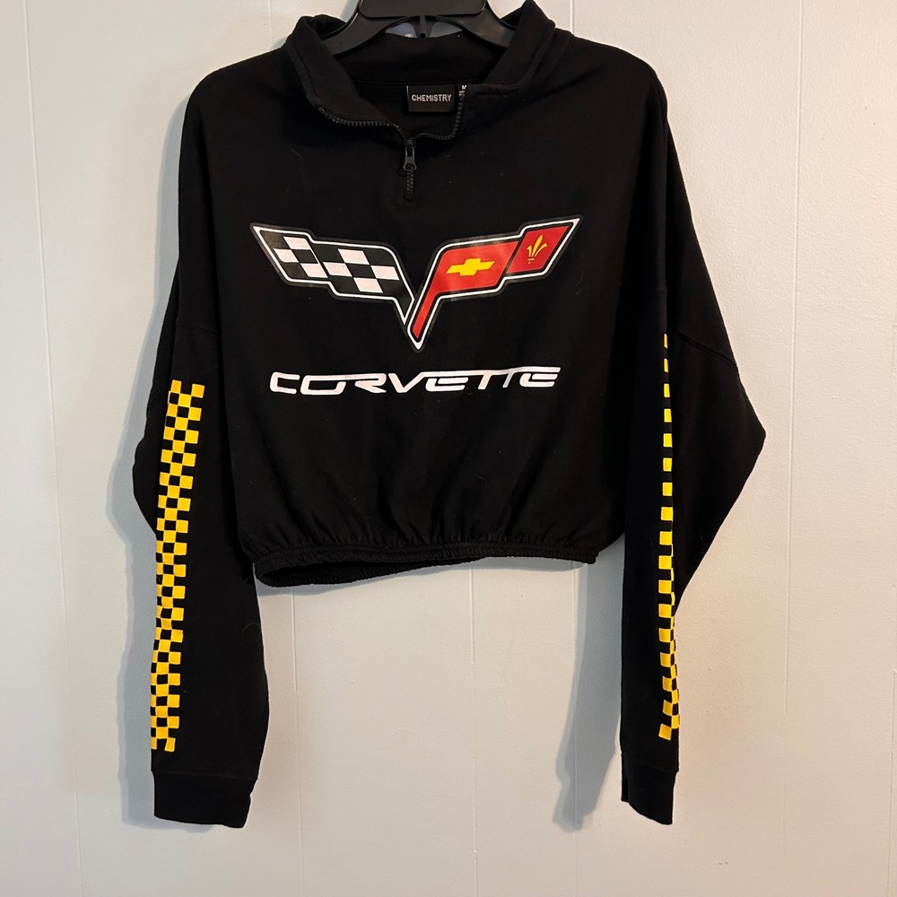 Chemistry Corvette Graphic Cropped Quarter Zip Sweatshirt Black Womens Medium